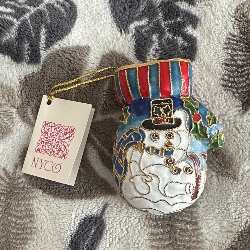 NYCO Mitten / 🥊 Glove Ornament with Snowman ☃️ & Mistletoe, Red & Blue Stripes